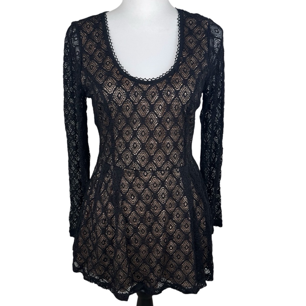 NWT Catherine Malandrino Black Lace Babydoll Long Sleeve Blouse Top Medium